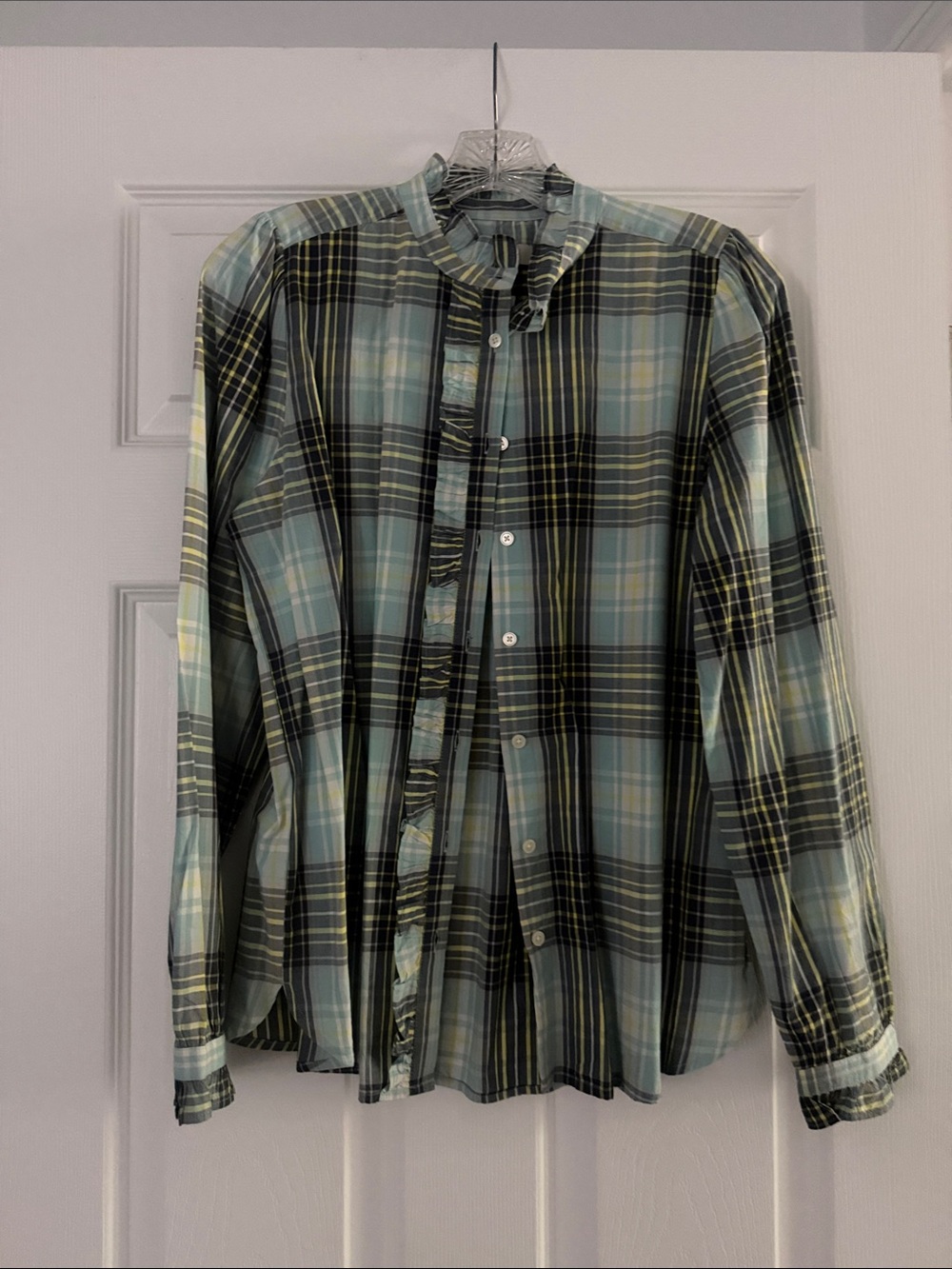LOFT Plaid Button-Down Shirt in Light Blue, Black & Yellow Accents